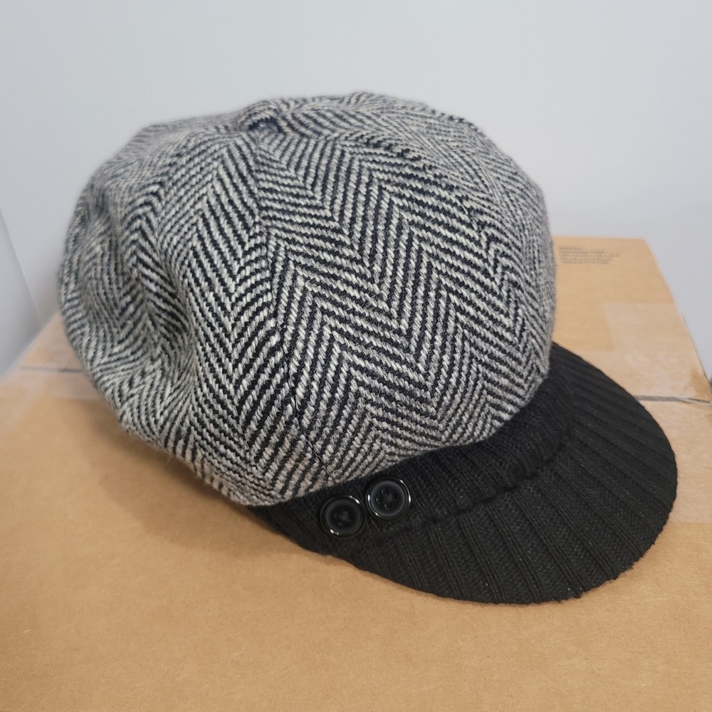D&Y Size One Size Newsboy Cap Womens Grey Herringbone Knit Brim Wool Blend